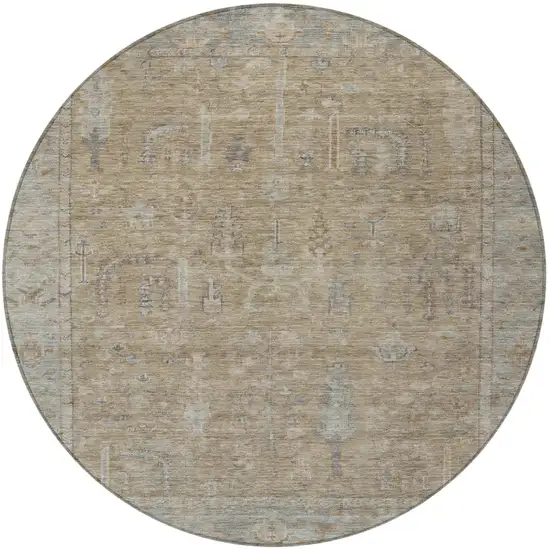 8' Tan Gray And Brown Round Oriental Washable Indoor Outdoor Area Rug Photo 5