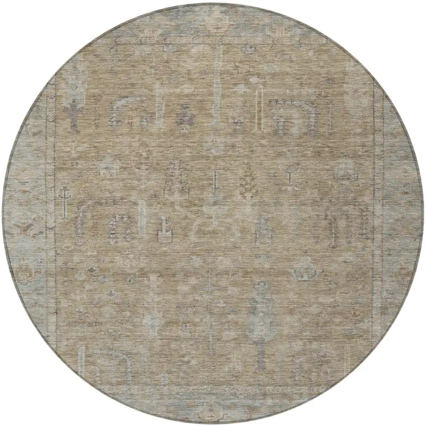 8' Tan Gray And Brown Round Oriental Washable Indoor Outdoor Area Rug Photo 5