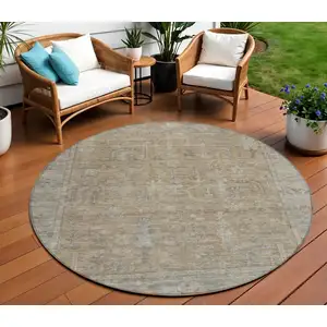 Photo of 8' Tan Gray And Brown Round Oriental Washable Indoor Outdoor Area Rug