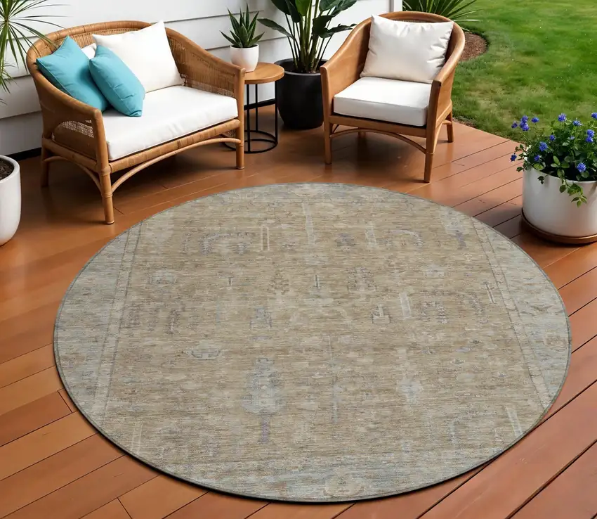 8' Tan Gray And Brown Round Oriental Washable Indoor Outdoor Area Rug Photo 1