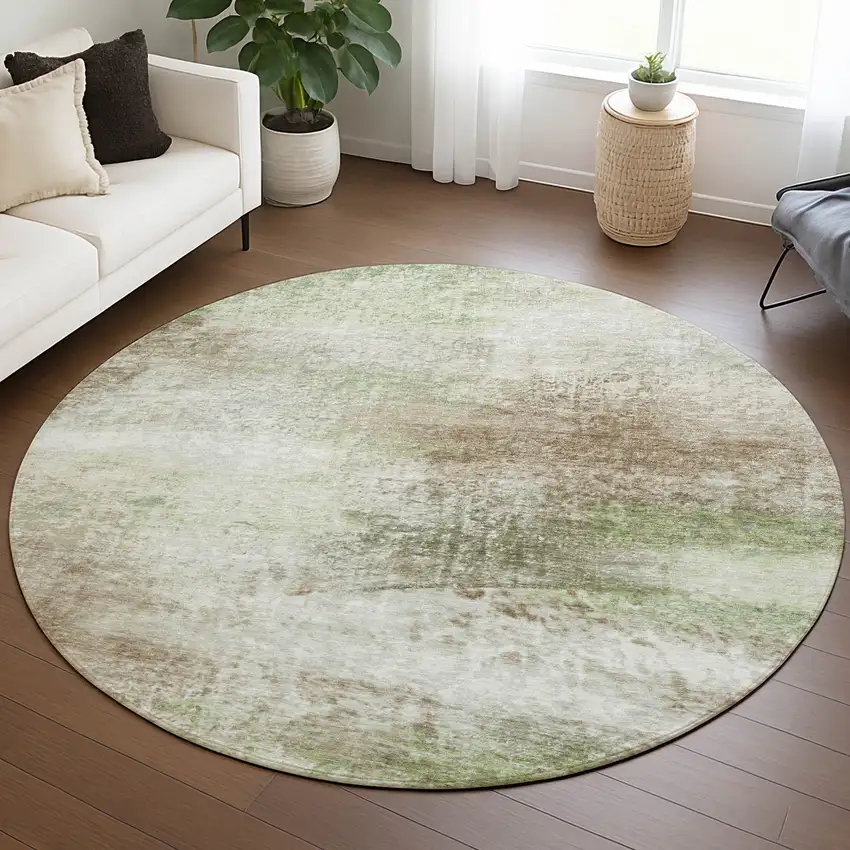 8' Tan Green And Beige Round Abstract Washable Indoor Outdoor Area Rug Photo 5