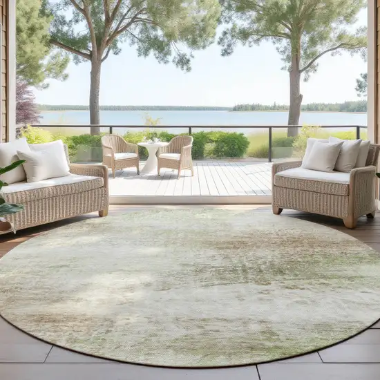 8' Tan Green And Beige Round Abstract Washable Indoor Outdoor Area Rug Photo 4