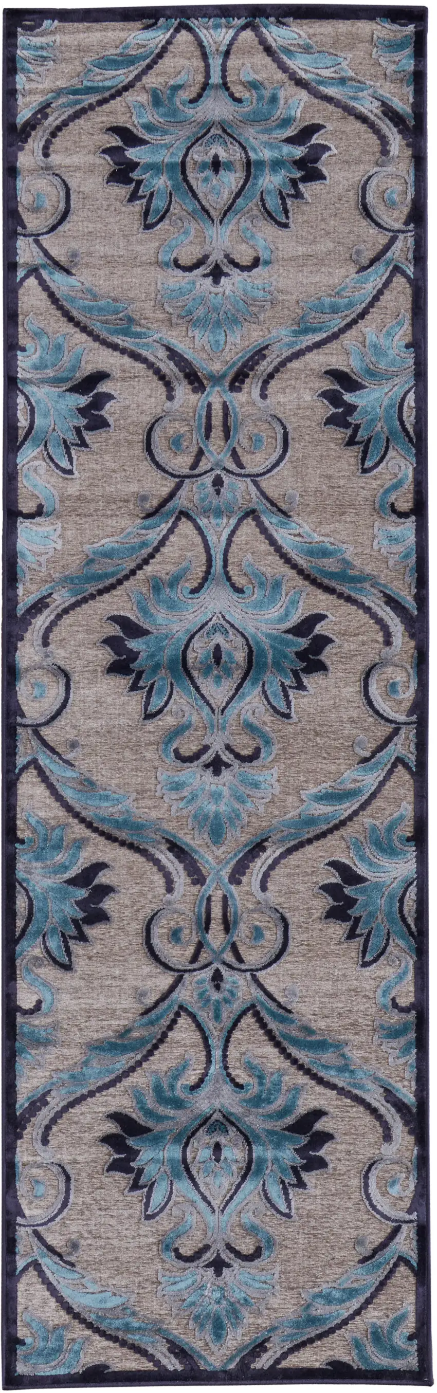 8' Tan Green and Taupe Floral Power Loom Runner Rug Photo 2