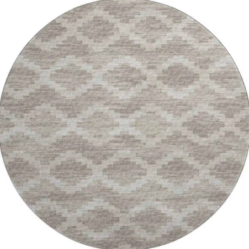 8' Tan Ivory And Beige Tribal Washable Round Rug With UV Protection Photo 4