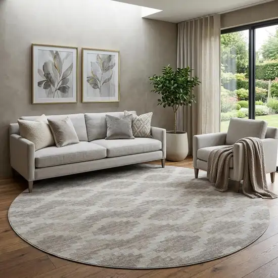 8' Tan Ivory And Beige Tribal Washable Round Rug With UV Protection Photo 1