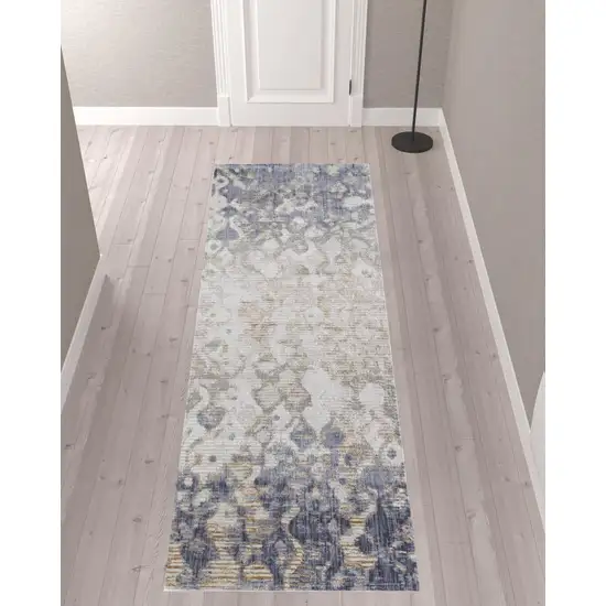 10' Tan Ivory And Blue Abstract Power Loom Distressed Runner Rug Photo 2