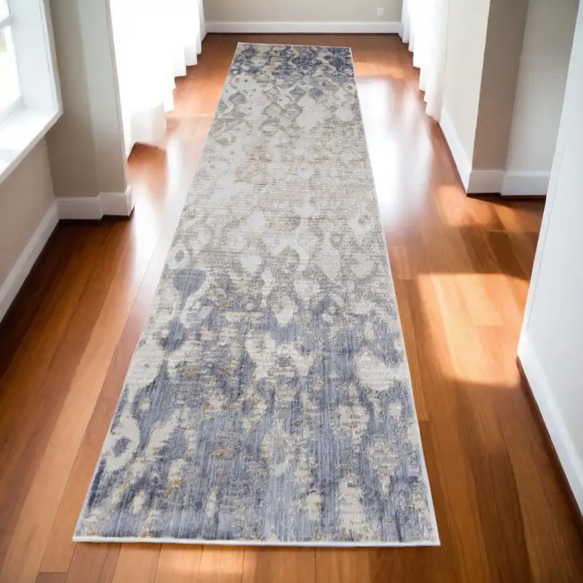 10' Ivory Tan And Blue Abstract Distressed Runner Rug Photo 1