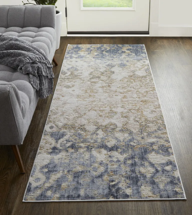 10' Tan Ivory And Blue Abstract Power Loom Distressed Runner Rug Photo 5