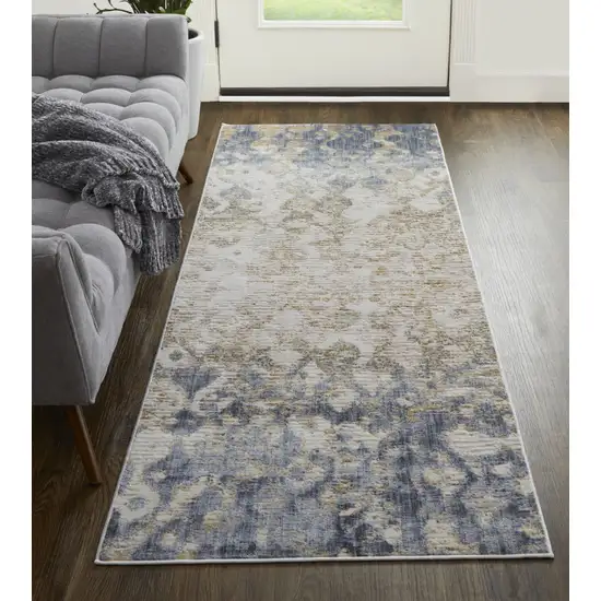 10' Ivory Tan And Blue Abstract Distressed Runner Rug Photo 5