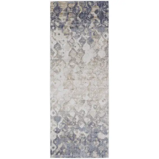 10' Tan Ivory And Blue Abstract Power Loom Distressed Runner Rug Photo 1