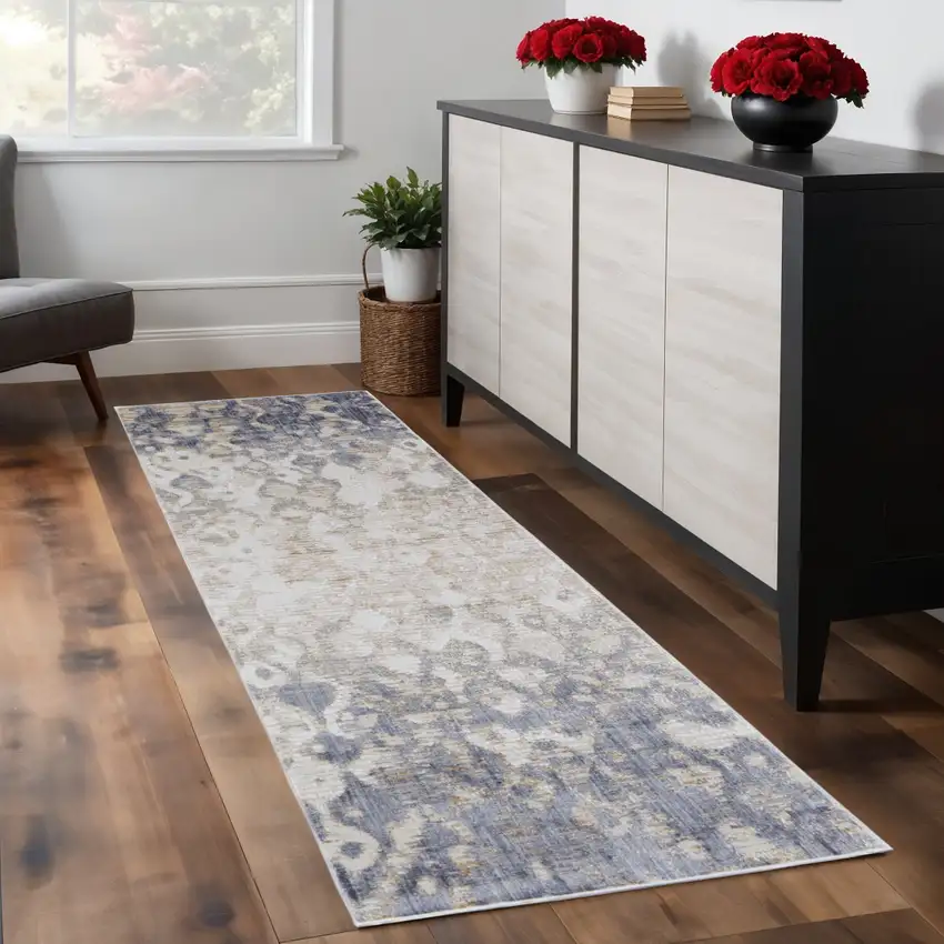 8' Ivory Tan And Blue Abstract Distressed Runner Rug Photo 1