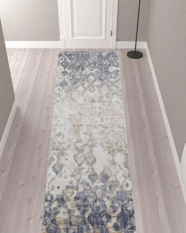12' Tan Ivory And Blue Abstract Power Loom Distressed Runner Rug Photo 2