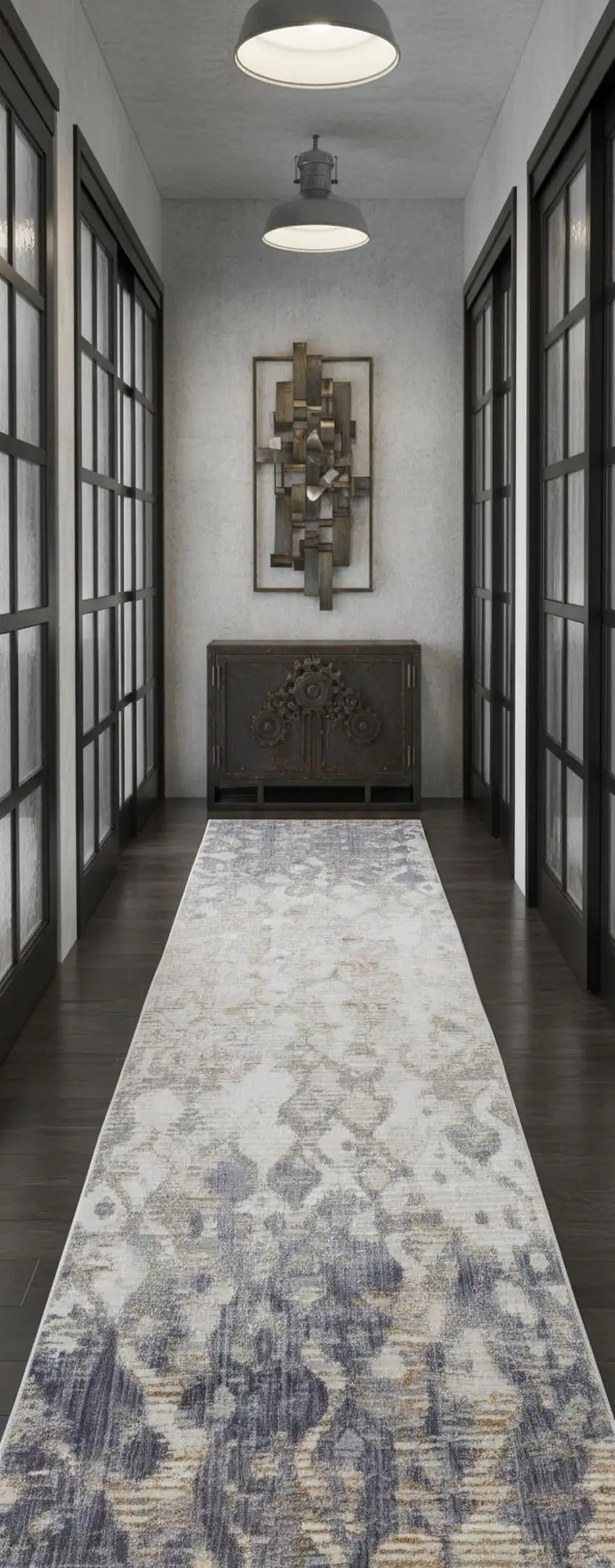 12' Tan Ivory And Blue Abstract Power Loom Distressed Runner Rug Photo 1