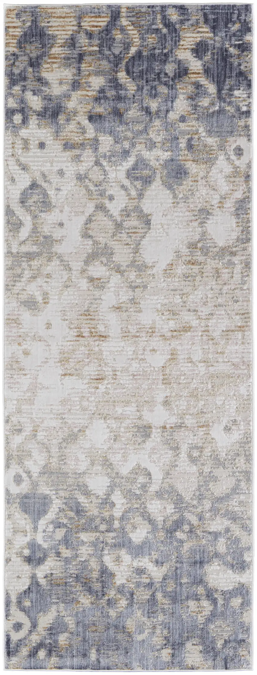 12' Tan Ivory And Blue Abstract Power Loom Distressed Runner Rug Photo 1