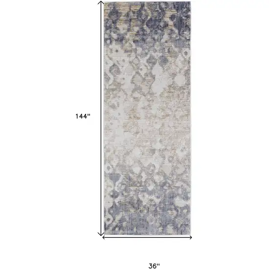 12' Tan Ivory And Blue Abstract Power Loom Distressed Runner Rug Photo 4