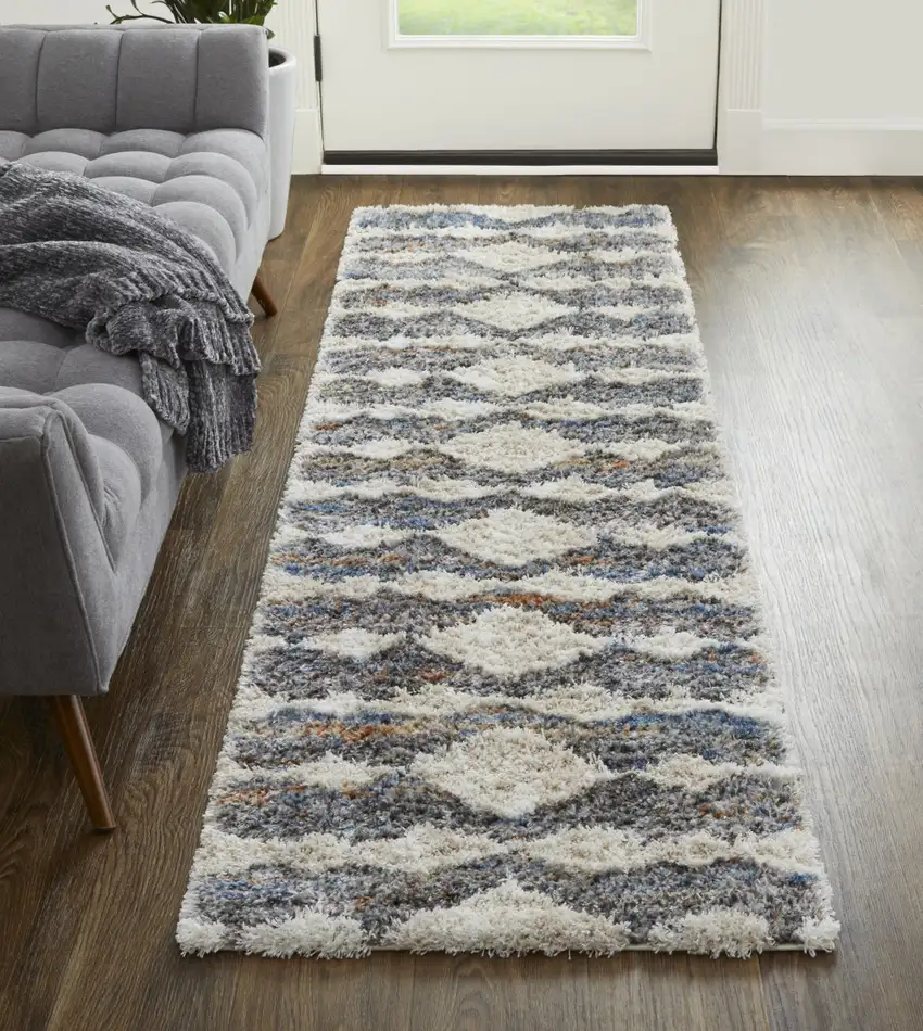 8' Tan Ivory And Blue Chevron Power Loom Stain Resistant Runner Rug Photo 4