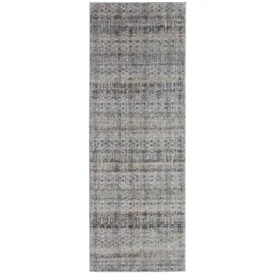 10' Tan Ivory And Blue Geometric Power Loom Distressed Runner Rug With Fringe Photo 1