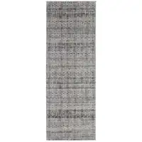 Photo of 10' Tan Ivory And Blue Geometric Power Loom Distressed Runner Rug With Fringe