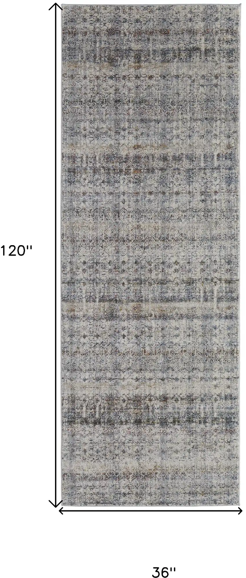 10' Tan Ivory And Blue Geometric Power Loom Distressed Runner Rug With Fringe Photo 7