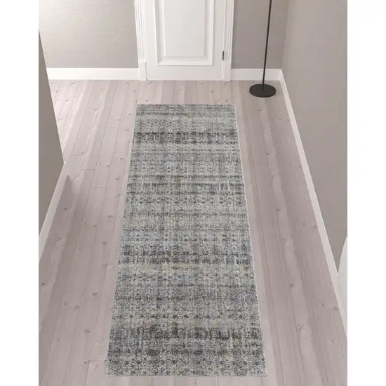 10' Tan Ivory And Blue Geometric Power Loom Distressed Runner Rug With Fringe Photo 2