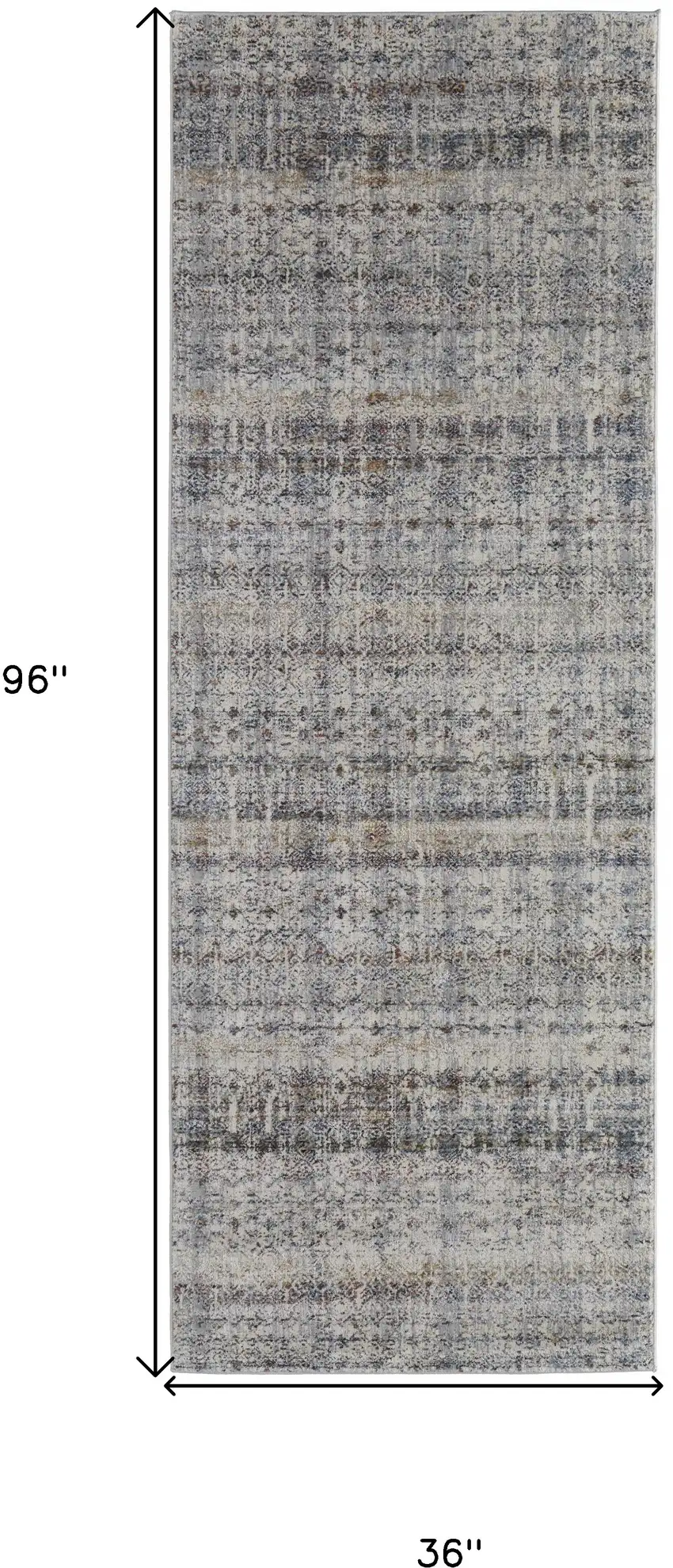 8' Tan Ivory And Blue Geometric Power Loom Distressed Runner Rug With Fringe Photo 7