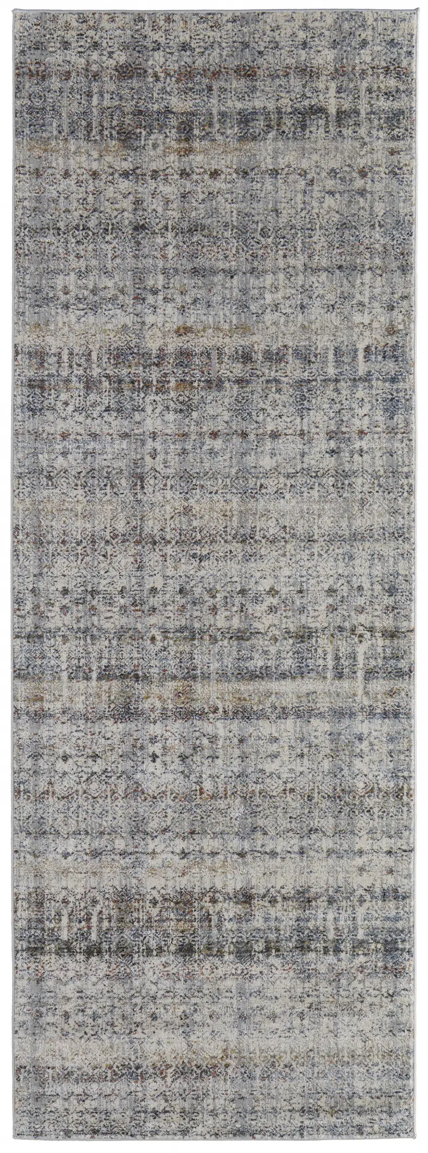 12' Tan Ivory And Blue Geometric Power Loom Distressed Runner Rug With Fringe Photo 1