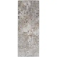 Photo of 10' Tan Ivory And Blue Geometric Power Loom Distressed Runner Rug