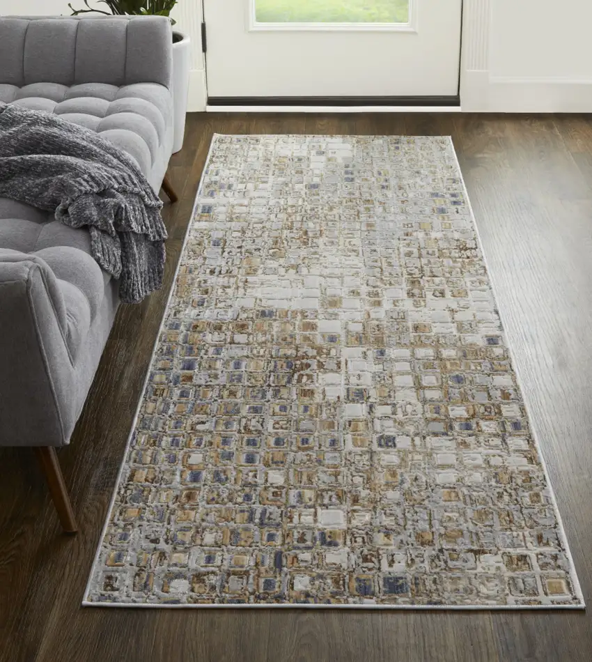 8' Tan Ivory And Blue Geometric Power Loom Distressed Runner Rug Photo 6