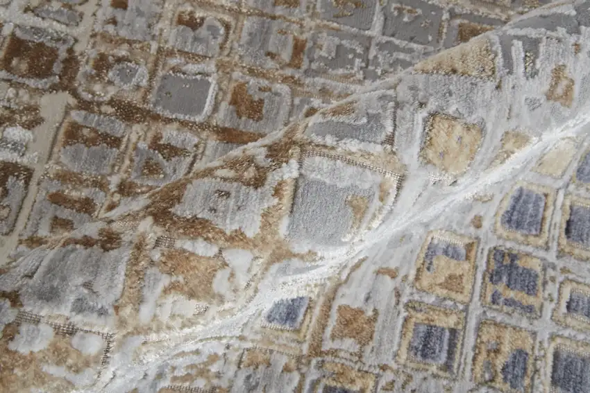 12' Tan Ivory And Blue Geometric Power Loom Distressed Runner Rug Photo 7