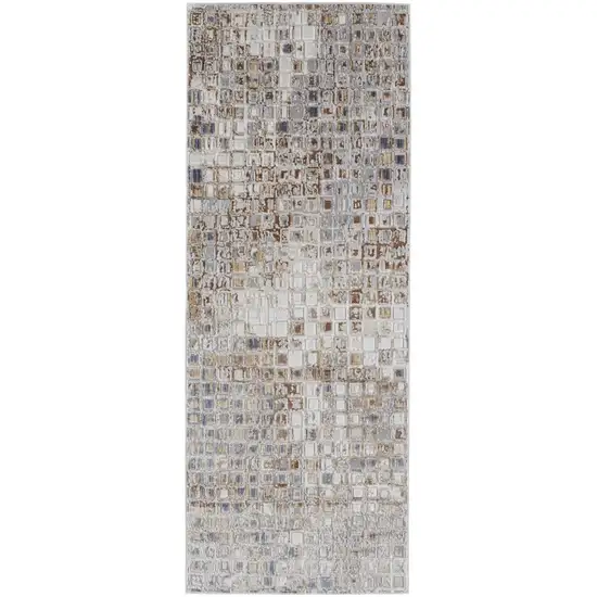 12' Tan Ivory And Blue Geometric Power Loom Distressed Runner Rug Photo 4