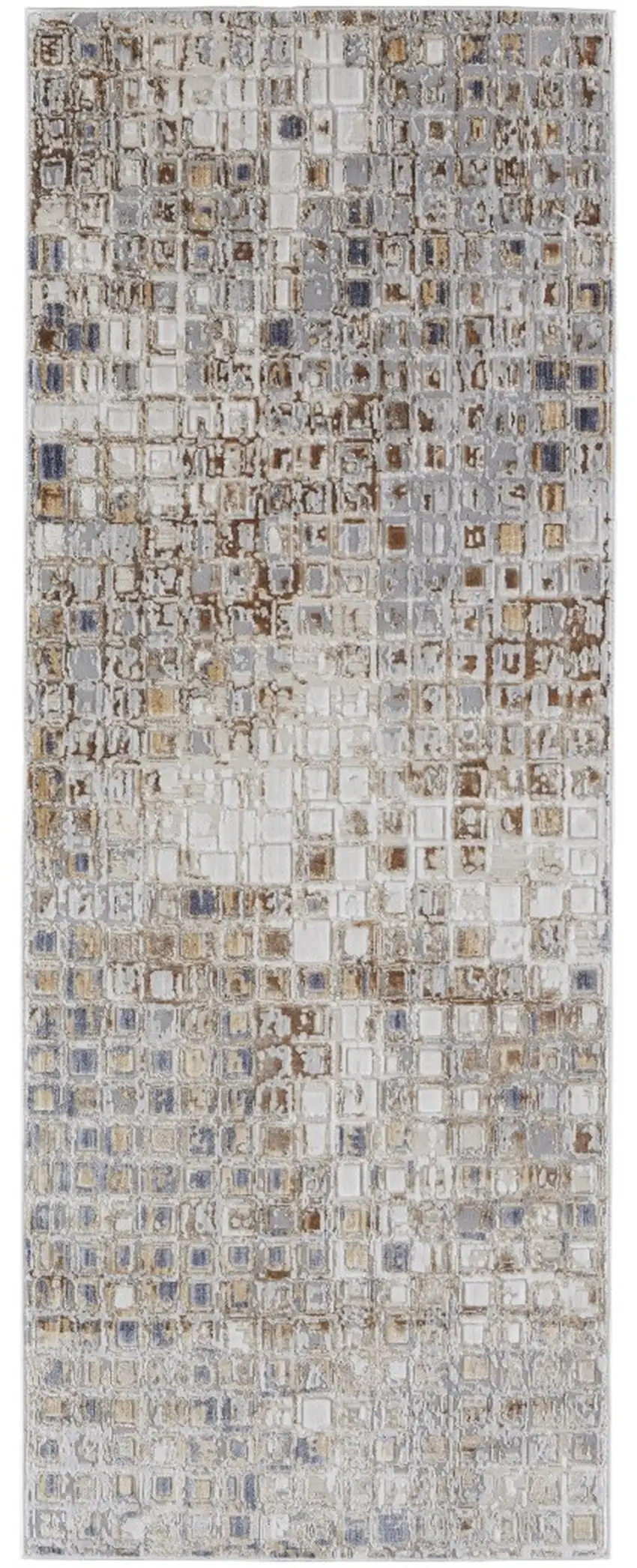 12' Tan Ivory And Blue Geometric Power Loom Distressed Runner Rug Photo 4