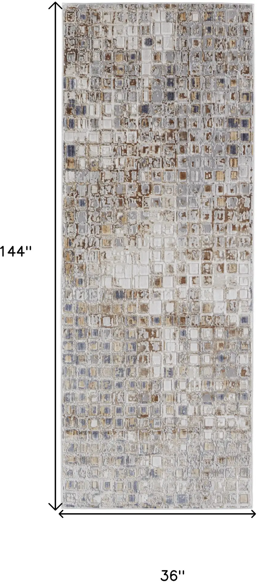 12' Tan Ivory And Blue Geometric Power Loom Distressed Runner Rug Photo 6