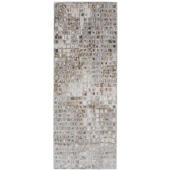 12' Tan Ivory And Blue Geometric Power Loom Distressed Runner Rug Photo 2