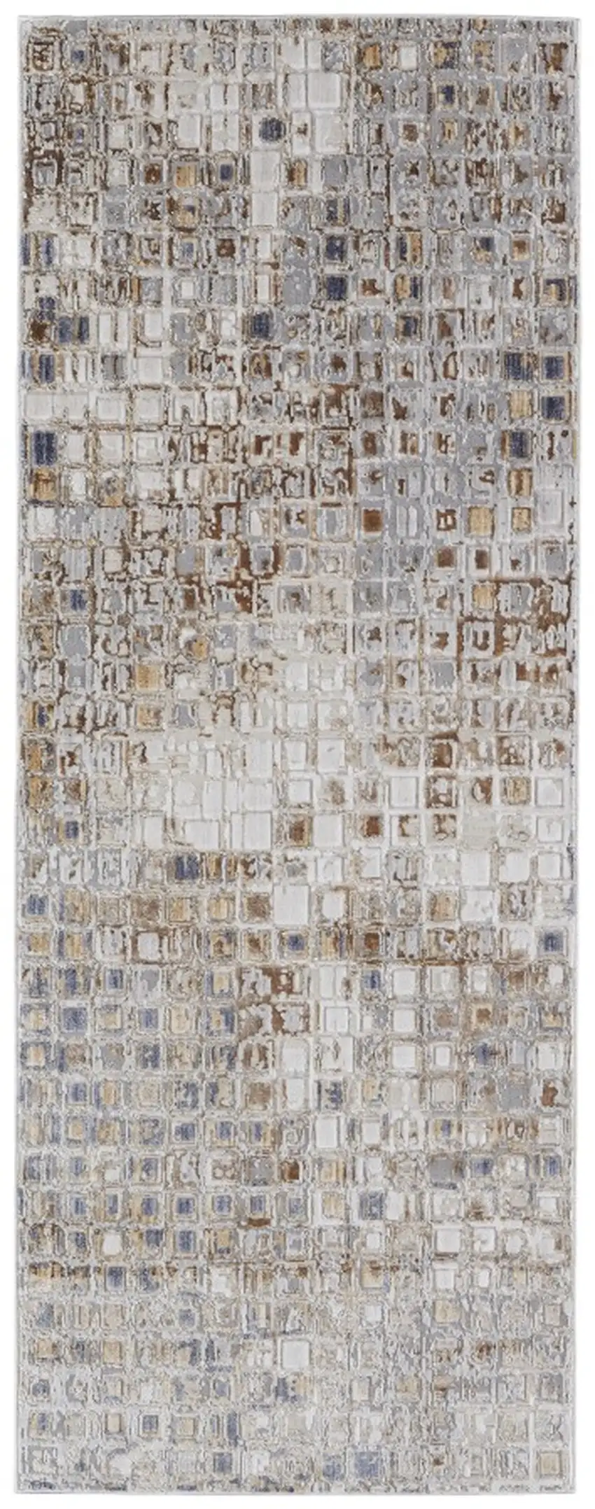 12' Tan Ivory And Blue Geometric Power Loom Distressed Runner Rug Photo 2