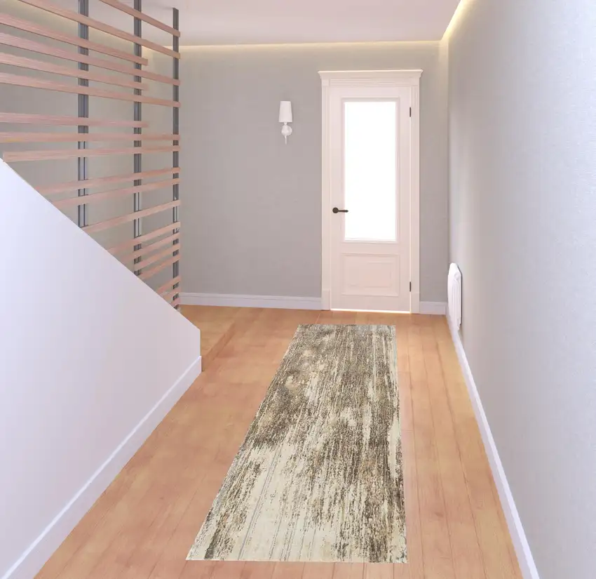 8' Tan Ivory And Brown Abstract Runner Rug Photo 2