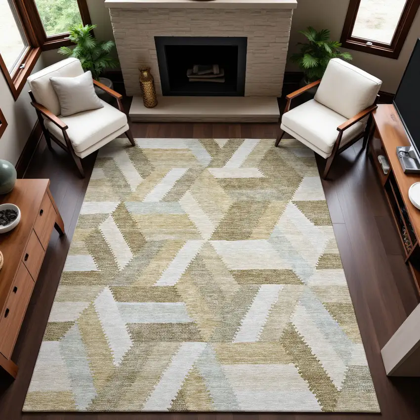 8' Tan Ivory And Brown Geometric Washable Area Rug With UV Protection Photo 4