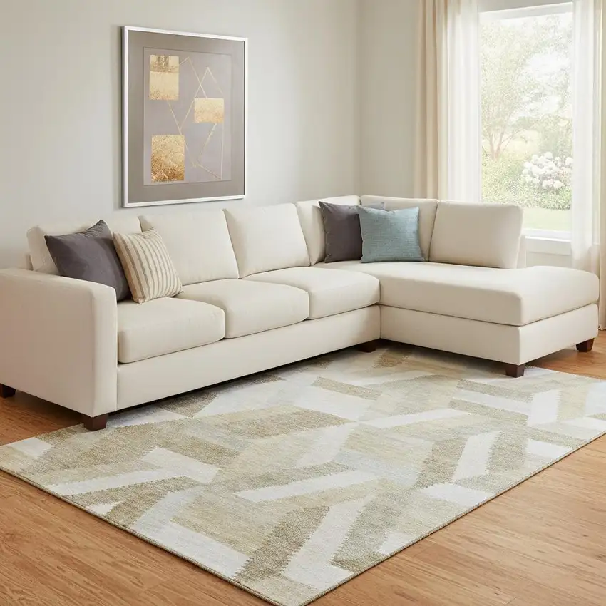 8' Tan Ivory And Brown Geometric Washable Area Rug With UV Protection Photo 2