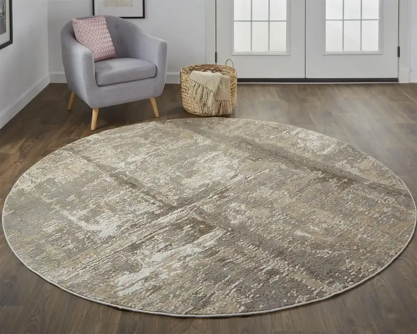 8' Tan Ivory And Brown Round Abstract Area Rug Photo 3