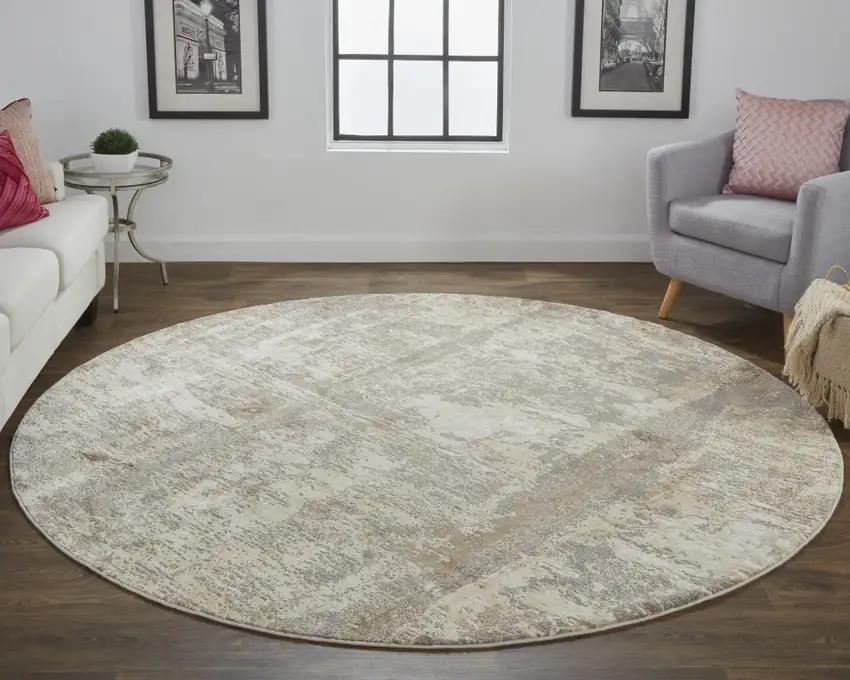 8' Tan Ivory And Brown Round Abstract Area Rug Photo 5