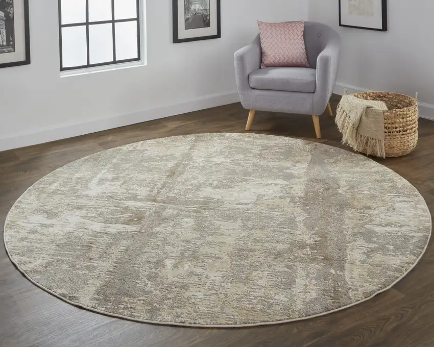 8' Tan Ivory And Brown Round Abstract Area Rug Photo 4