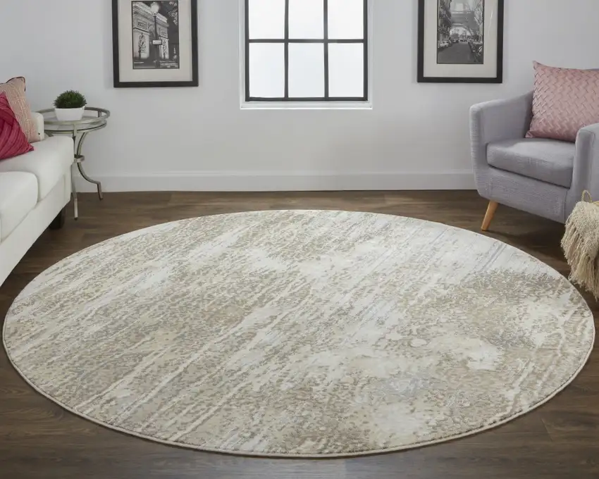 8' Tan Ivory And Brown Round Abstract Area Rug Photo 6