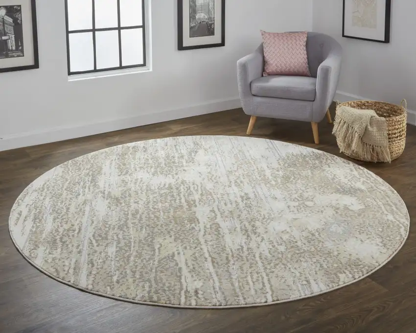 8' Tan Ivory And Brown Round Abstract Area Rug Photo 5
