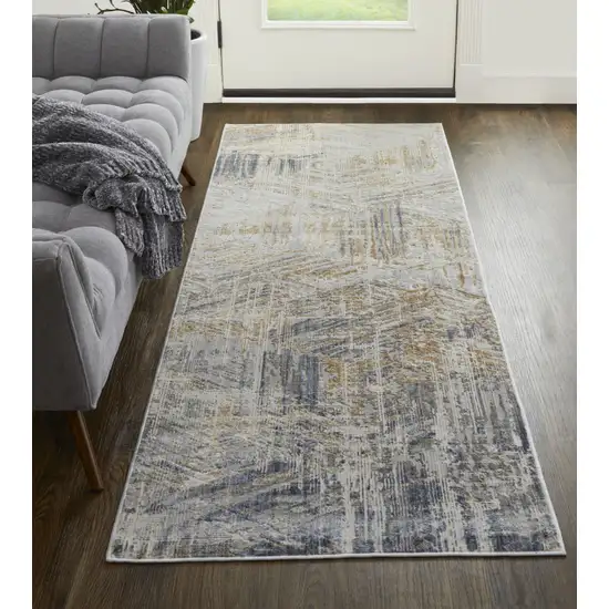 10' Tan Ivory And Gray Abstract Power Loom Distressed Runner Rug Photo 4
