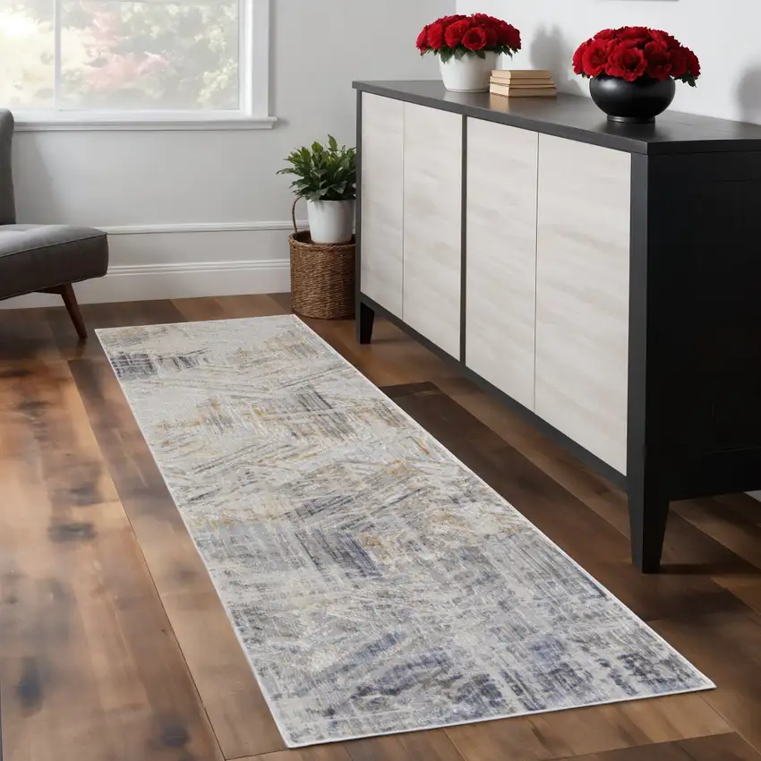 8' Ivory Gray And Tan Abstract Distressed Runner Rug Photo 1
