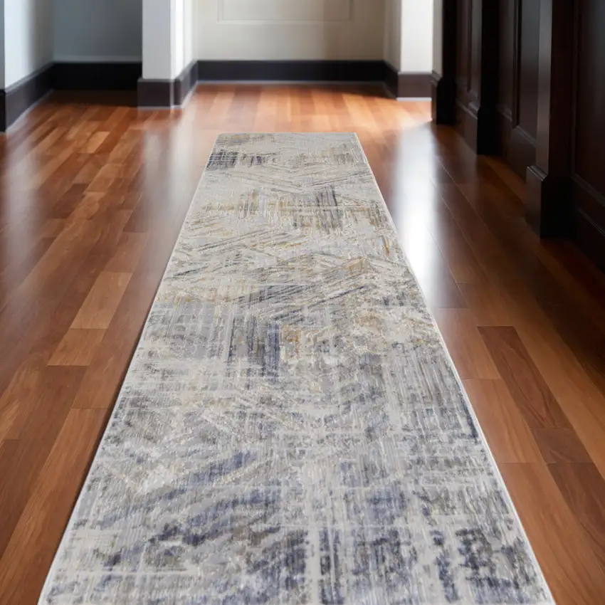 12' Ivory Gray And Tan Abstract Distressed Runner Rug Photo 1