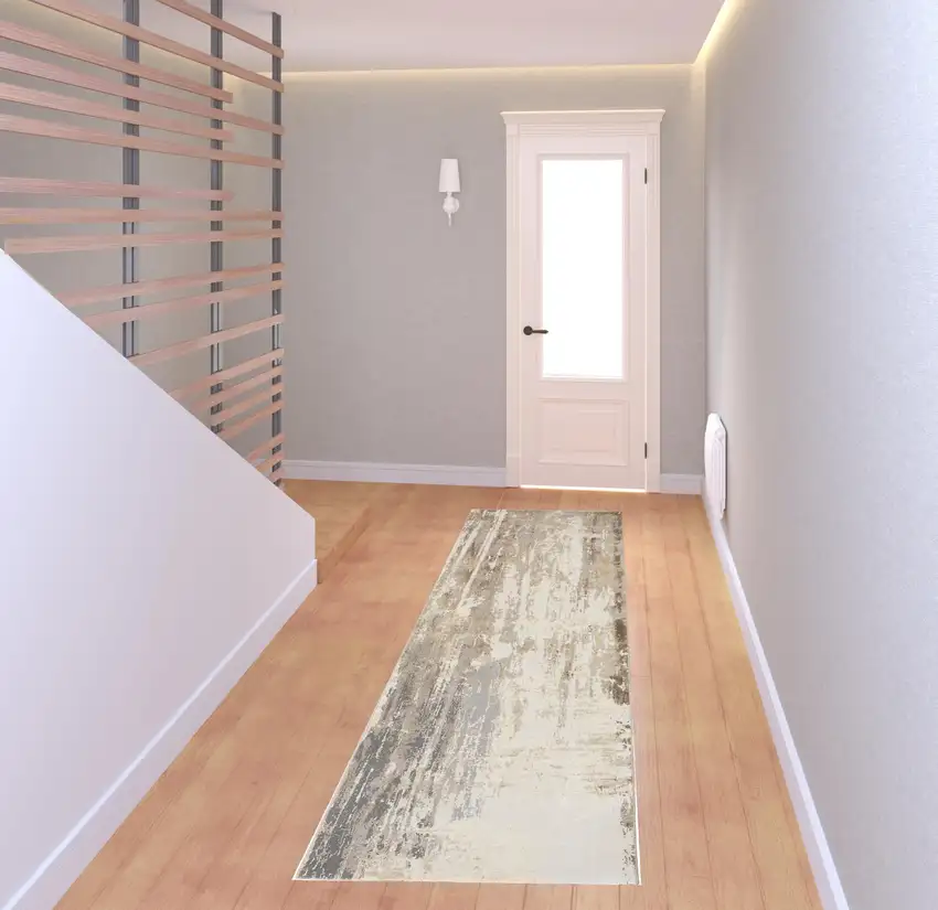 8' Tan Ivory And Gray Abstract Runner Rug Photo 2
