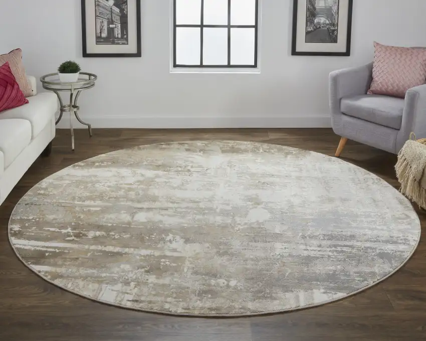 8' Tan Ivory And Gray Round Abstract Area Rug Photo 5