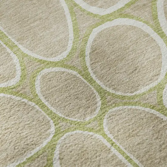 8' Tan Ivory And Green Geometric Washable Round Rug With UV Protection Photo 8