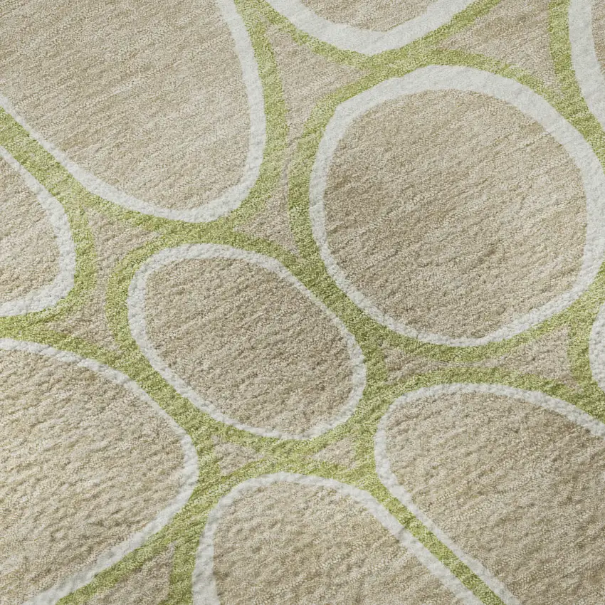 8' Tan Ivory And Green Geometric Washable Round Rug With UV Protection Photo 8