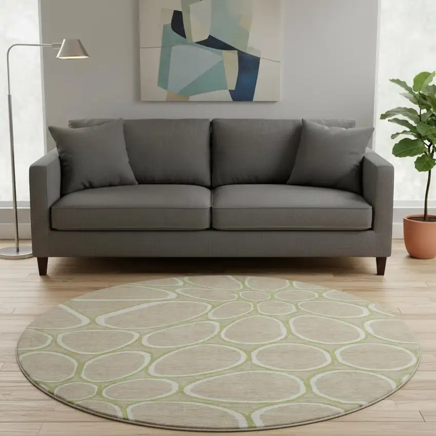 8' Tan Ivory And Green Geometric Washable Round Rug With UV Protection Photo 2